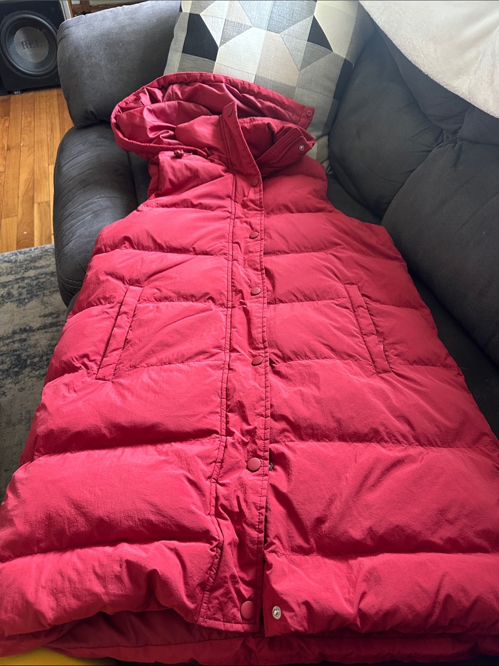 Lands' End long Red Hooded Puffer vest